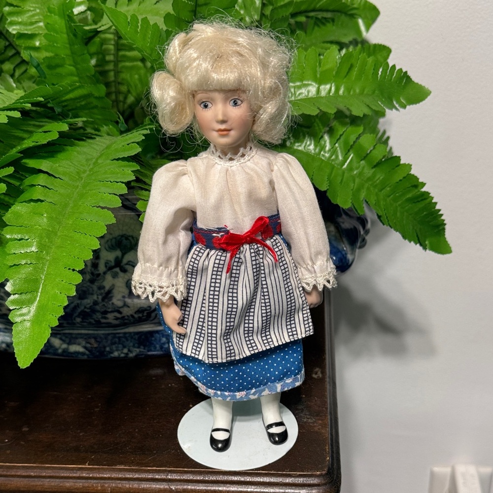 Porcelain Doll with Blue and White Outfit